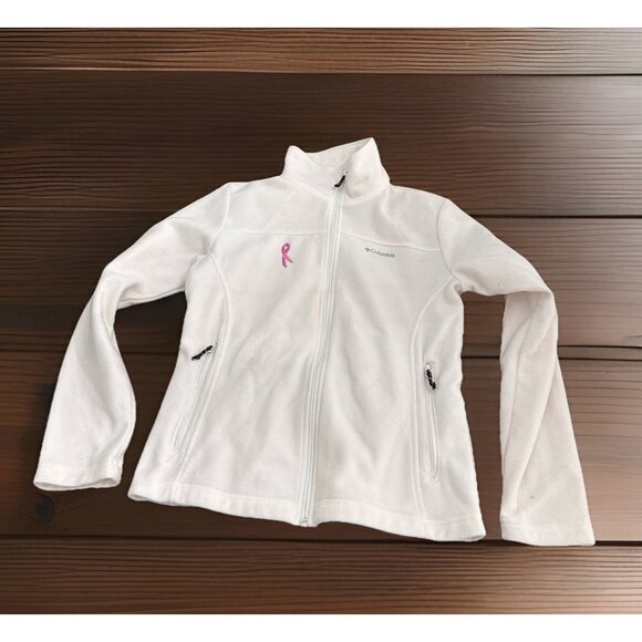Womens White Fleece Columbia Jacket Full Zip Breast Cancer Awareness Size Medium - Picture 1 of 4